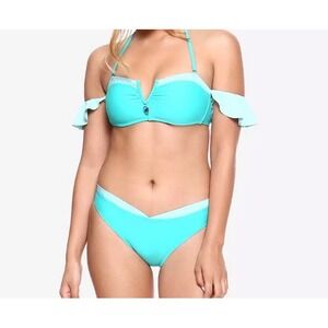 Disney Aladdin Jasmine Bikini Set L Teal Off Shoulder Ruffle Two Piece Swimsuit